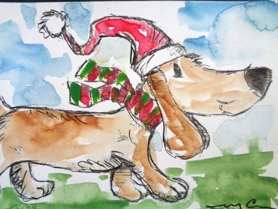 One Of A Kind  -  Original HOLIDAY CHRISTMAS DACHSHUND DOG  Watercolor Painting - Image 1 of 2