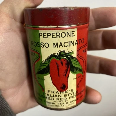 Lata vacía vintage Spice Tin Frank’s estilo italiano pimiento rojo triturado Cincinnati Foto 1 de 4