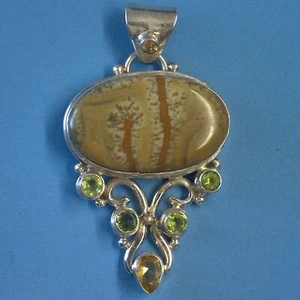 P563 Ciondolo Argento Sterling Quadro Diaspro Peridoto Citrino Nuovo Massiccio 925 - Foto 1 di 6