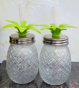 Pineapple Mason Jar Cocktail Drinking Glass Tropical Tumbler with Straw  - Picture 1 of 8