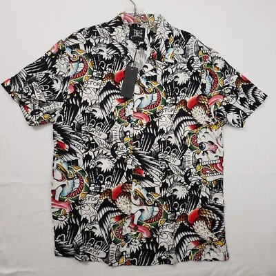 Camisa de campamento hawaiana con botones Ed Hardy para hombre pequeña batalla calavera tatuaje arte impresión Foto 1 de 4