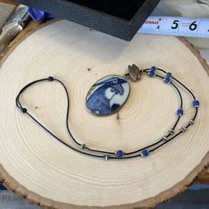 Chinese blue rooster pottery shard pendant on adjustable leather cord necklace - Picture 1 of 4
