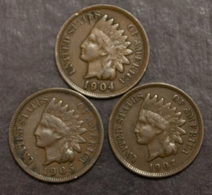 1904 1905 1907  Indian Cent VF XF Three  Coins  Lot F 603 - Picture 1 of 2