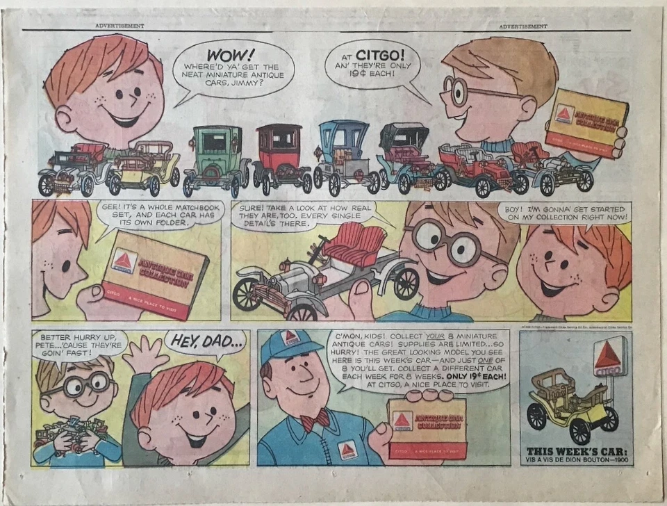 1968 newspaper ad for Citgo gas - Mini antique cars, 1900 Vis A Vis Dion Bouton - Image 1 of 1