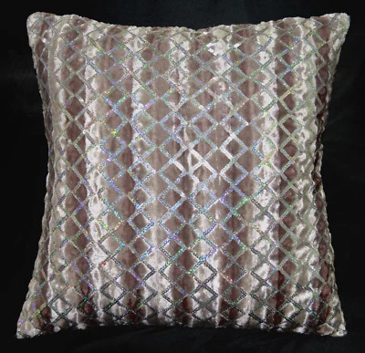 ms03a Mauve Brown Shimmer Silver Star Sequins Checker Decorative Cushion Cover - Image 1 of 4