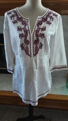 Covington L White Tunic Purple Embroidery Linen/Cotton 3/4 Slvs V Neck - Image 1 of 4