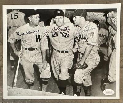 JOE McCARTHY BUCKY HARRIS LOU BOUDREAU SIGNED 8"X10" PHOTO JSA FULL LETTER - Image 1 of 3