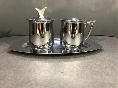 Juego de crema y azúcar moderno vintage Kromex Mid Century con asas de bandeja tono dorado Foto 1 de 4