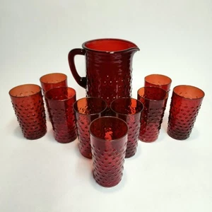Vtg 10pc. Anchor Hocking Royal Ruby Red Hobnail Pitcher & Juice Iced Tea Glasses - Picture 1 of 24