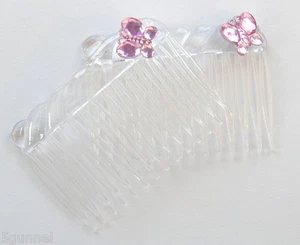 2 x  PINK CRYSTAL DIAMONTIE BUTTERFLY FANCY HAIR SLIDE COMB - Picture 1 of 1