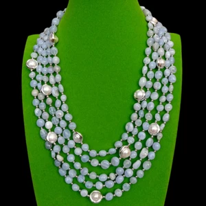 5 Strands Natural Blue Lace Agate Cultured White Pearl Necklace Jewelry Femme - Picture 1 of 6
