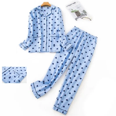 Conjunto de pijama feminino 100% algodão flanela estampado botão roupa de dormir roupa íntima 12-24 - Imagem 1 de 4