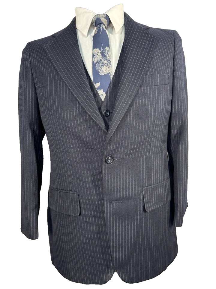 ADAMS ROW Mens Navy Blue PINSTRIPE Wool 2 Piece VEST Combo PAIR 36S Jacket - Image 1 of 4