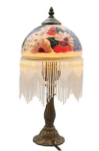 Victorian Trading Freya Milk Glass & Floral Beaded Jacobean Boudoir Lamp 4a - Picture 1 of 1