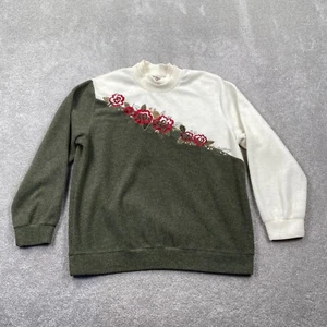 Tanjay Women's Embroidered Flower Colorblock Pullover Sweater Size M Ivory Olive - Picture 1 of 11