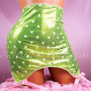 Stretchy UNISEX Tight mini Garter Skirt Green Metallic Heart print Girdle - Picture 1 of 5
