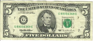 1995 5$ FRN - Small portrait w/ security thread - MEW/RER G89056369E - #15322 - Picture 1 of 2