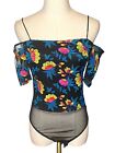 TopShop Bodysuit Top Bare Cold Shoulder Embroidered Floral Black Sheer Ladies 6