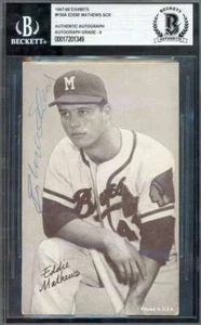 Eddie Mathews Mint 9 Beckett BAS Signed 1947-66 Exhibit Postcard Red Stat Back - Picture 1 of 2