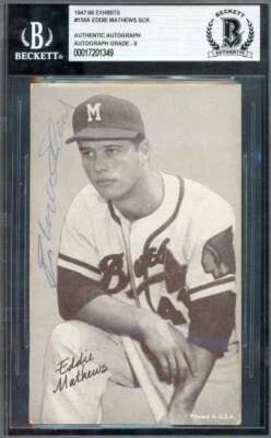 Eddie Mathews Mint 9 Beckett BAS Signed 1947-66 Exhibit Postcard Red Stat Back - Image 1 of 2