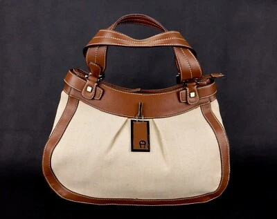 Etienne Aigner Summer Handbag, Woven w/Leather Piping & Straps, Rare Metal Fob - Image 1 of 4