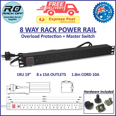 8 Way 19" Power Board Server Rack Mount PDU 1RU Overload Protection + Switch - image 1 of 4