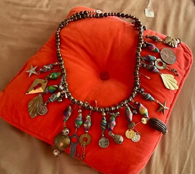 VINTAGe sea shell CHUNKY MULTI CHARM STATEMENT NECKLACE Mardi Gras souvenir - Image 1 of 4