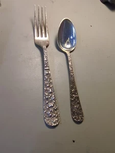 Kirk Stieff Rose Sterling Silver Place Fork- 6 7/8" and Spoon w Monogram - Picture 1 of 11