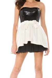 Betsey Johnson Black Sequin Tulle Strapless Ivory Bow Dress Party Prom Size 2 - Picture 1 of 8