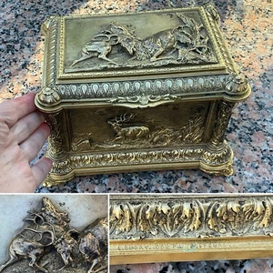 ANTIGUA CAJA JOYERA C1870 LEOPOLD OUDRY FRANCESA LATÓN DORADO BRONCE CIERVOS FIRMADA - Imagen 1 de 22