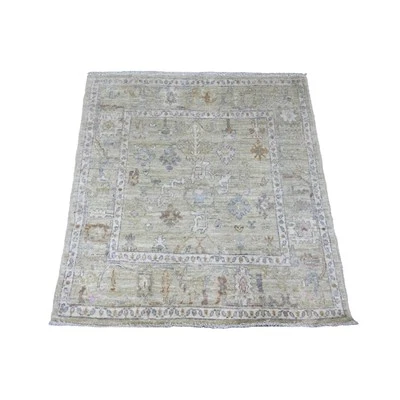4'2"x4'2" Green Hand Knotted Angora Oushak Leaf Design Wool Square Rug G20752 - Image 1 of 4