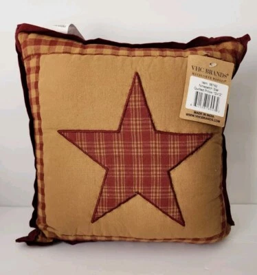 VHC Brands Primitive 12"x12" Applique Star Plaid Pillow Tan Bedroom Decor New - Image 1 of 4