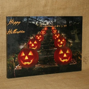 Lighted Canvas Happy Halloween Spooky Jack o Lantern Witch Tombstone - Picture 1 of 2