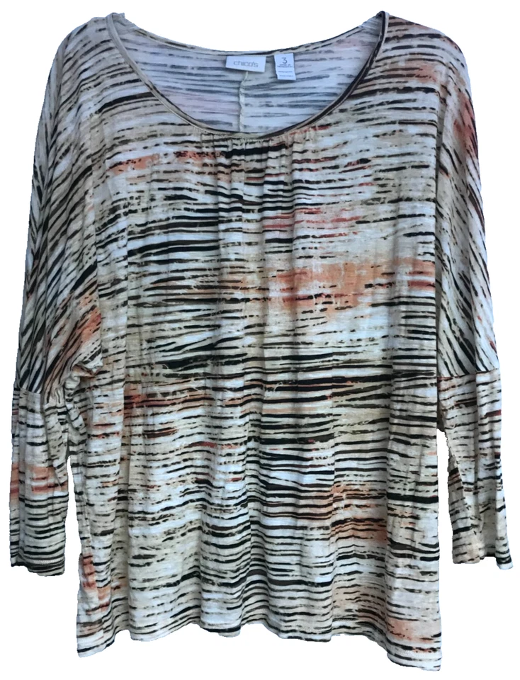 Blusa Plisada Pullover 3 Marrón Multicolor Manga Ala de Murciélago 3/4 XL de CHICO'S 3 Foto 1 de 4