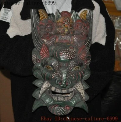 Máscara de 15" China Antigua Madera Pintada Tallada a Mano Feng Shui Exorcismo Bestia Extraña Foto 1 de 4