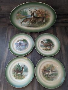 4 Antique Buffalo Pottery  Deer Moose Caribou Plates and 15in Deer Platter
