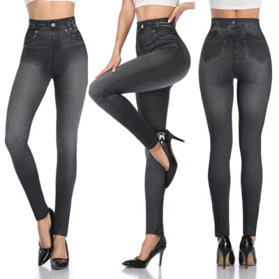 US Denim Faux Jeans Jeggings Skinny Pants High Waist Push Up Leggings Trousers - Image 1 of 4