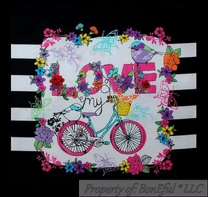 BonEful Fabric FQ Cotton Quilt VTG B&W Spring Flower Butterfly Bike Block Square - Picture 1 of 8