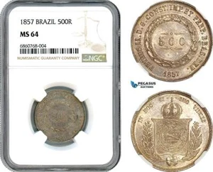 AI575, Brazil, Pedro II, 500 Reis 1857, Rio de Janeiro Mint, Silver, NGC MS64 - Picture 1 of 1