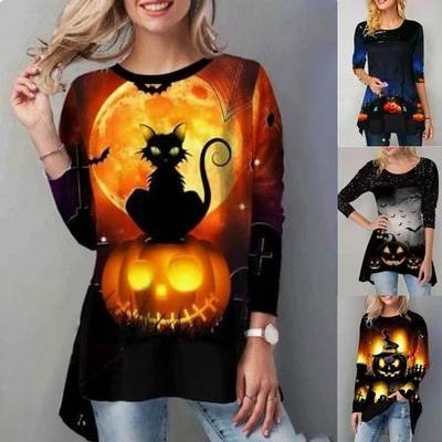 Womens Halloween Tops Shirts Blouse Plus Size Pumpkin PRINTED Pullover Tunic Tee - Image 1 of 4