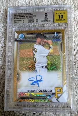 2021 Shalin Polanco Bowman 1st Chrome Gold Shimmer Auto 12/50 BGS 9 Mint 10 Auto - Image 1 of 2