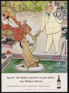 1957 Ludwig Bemelmans hombres ricos arte de piscina Walker's DeLuxe bourbon whisky anuncio de colección - Imagen 1 de 7