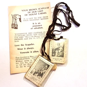 Vintage Our Lady of Mount Carmel Brown Scapular & Prayer - Picture 1 of 2