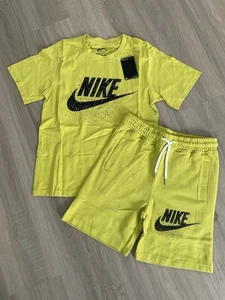 NWT Nike Kids Short Set 2 Piece Short Sleeve Logo & Shorts Kids XL 9-10 - LIME - Picture 1 of 3