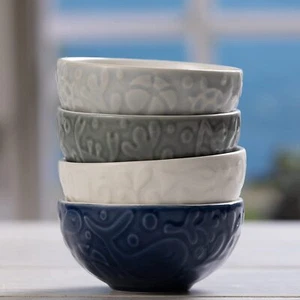 Set 4 Soup Bowl Pinch Prep Ceramic Stoneware Nautical Embossed Breakfast Food - Picture 1 of 5