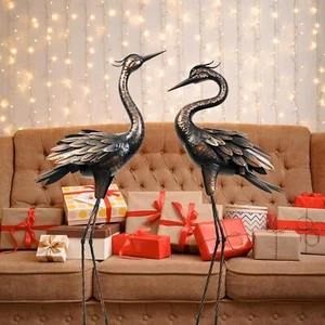 Large Crane Pair Garden Metal Statues Set 2 Standing Patina Heron Decoy - Picture 1 of 10