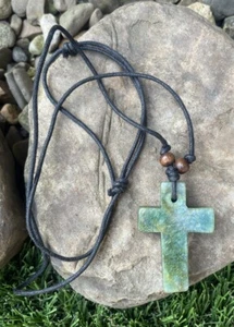 ✅Green Natural Stone Cross Necklace, Adjustable Rope Cord 19"-31" Bead Accent - Picture 1 of 7