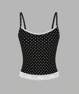 1X BLACK DITSY WHITE POLKA DOTS LACE TRIM STRETCH KNIT SEXY RETRO CHIC CAMI TOP - Picture 1 of 6