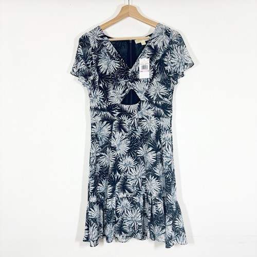 Abito Michael Kors nuovo con etichette stampa foglie maniche corte volant ritaglio blu navy taglia 6