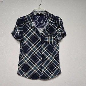 Joe Boxer Women's Green And Blue Plaid Lace Insert Short Sleeve Button Down Top - Picture 1 of 7